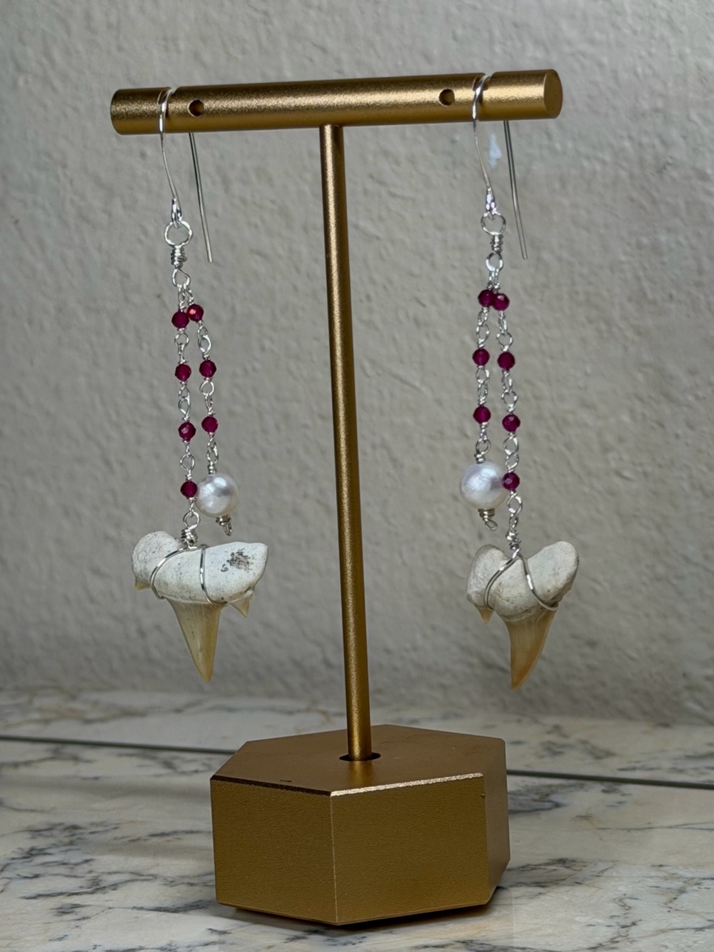 Handmade White Shark Tooth Drop Earrings with Ruby Beads and Pearl